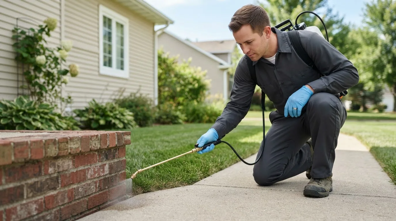 Pest control technician treating a home near West Newbury, MA